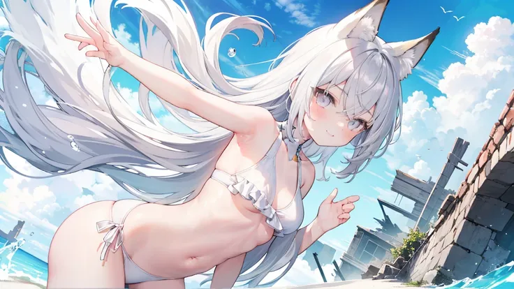 summer、sea、ruins、 low angle、Cumulonimbus、 slender、 Cute Poses、 long gray hair closer to the right、smile、 White Bikinis、 Cool Personality、 boyish、July、 fox ear、Fox&#39;s Tail、 schoolgirl、 in ultra high quality、masterpiece、Masterpiece、wallpaper、Standby