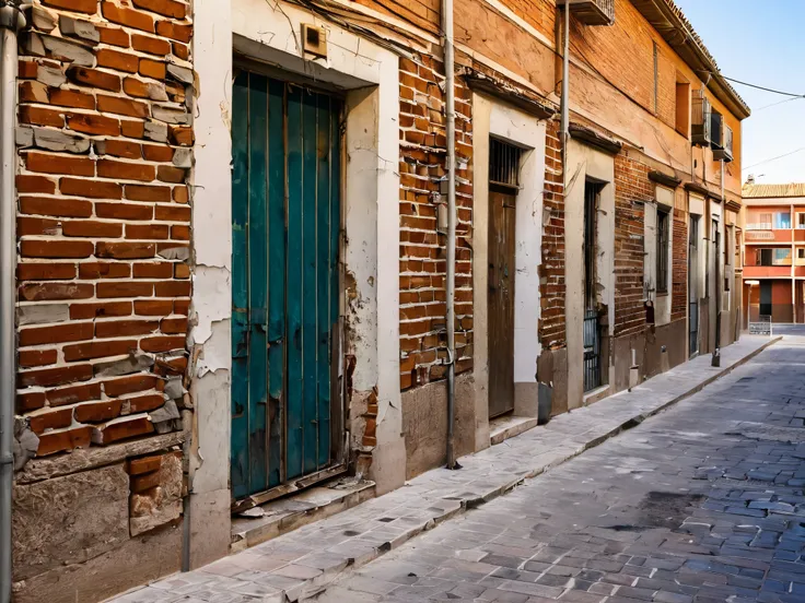 the portal of a dirty and dilapidated block of red brick houses with chipped and painted walls on a very dirty and deteriorated street in a suburb of Madrid on a hot summer afternoon