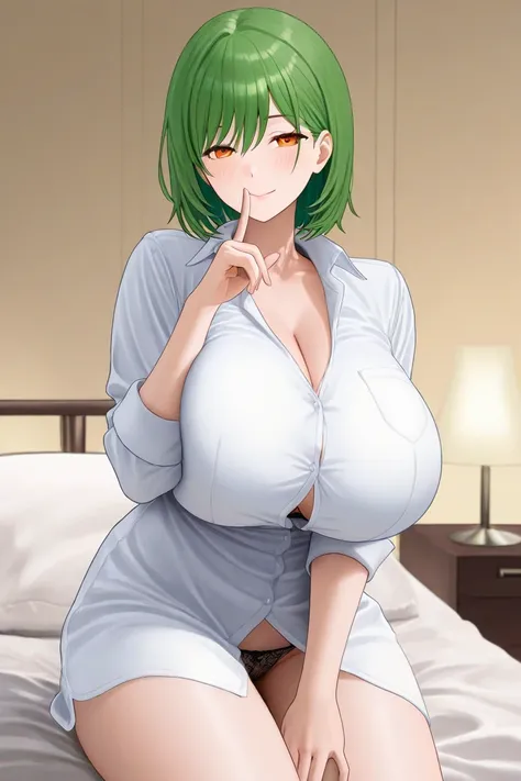 Green Hair、 short hair while on a business trip、 orange eyes、Narrow eyes、 adult woman、 huge breasts 、 shirt、underwear、 raise your index finger、shhh、 bed