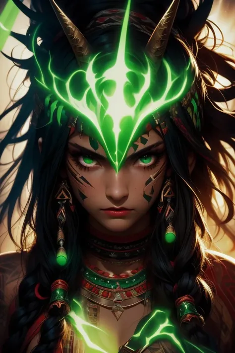 score_9, score_8_up, score_7_up, solo, 1girl, beautiful, shaman, black hair, (long hair:1.3), side bangs, bandana with 2horns, barbarian, gladiator, war paint, tribal markings, red lips, (green_eyes_glowing:1.3), (smug:0.85), dramatic lights, face focused,...