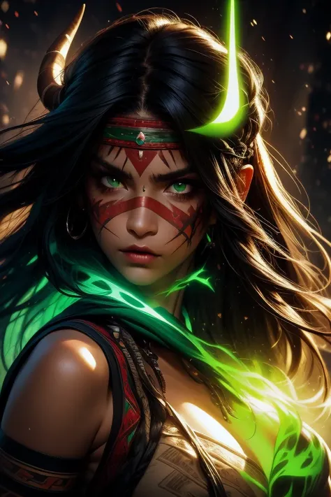 score_9, score_8_up, score_7_up, solo, 1girl, beautiful, shaman, black hair, (long hair:1.3), side bangs, bandana with 2horns, barbarian, gladiator, war paint, tribal markings, red lips, (green_eyes_glowing:1.3), (smug:0.85), dramatic lights, face focused,...