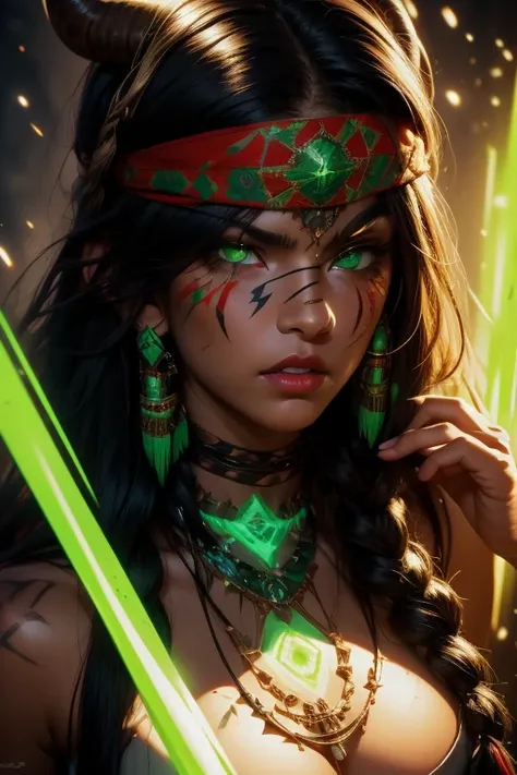 score_9, score_8_up, score_7_up, solo, 1girl, beautiful, shaman, black hair, (long hair:1.3), side bangs, bandana with 2horns, barbarian, gladiator, war paint, tribal markings, red lips, (green_eyes_glowing:1.3), (smug:0.85), dramatic lights, face focused,...