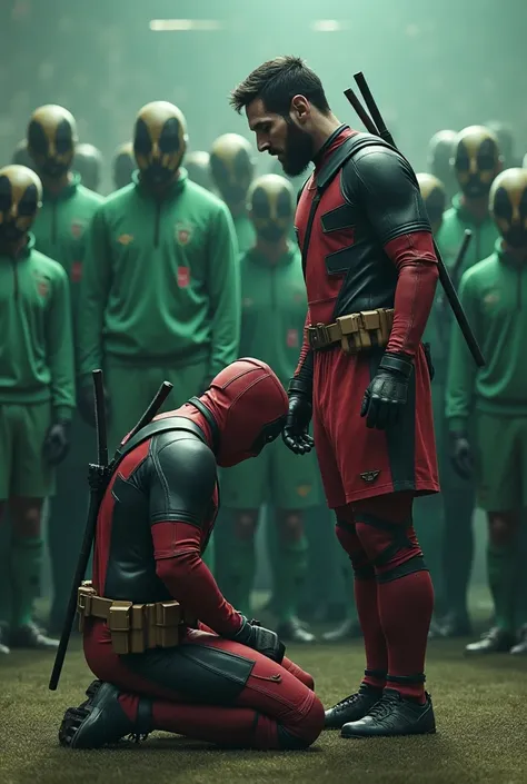 Deadpool bows down to Messi in his Marvel outfit, more powerful and giant than ever, behind him the Army Squid Game 