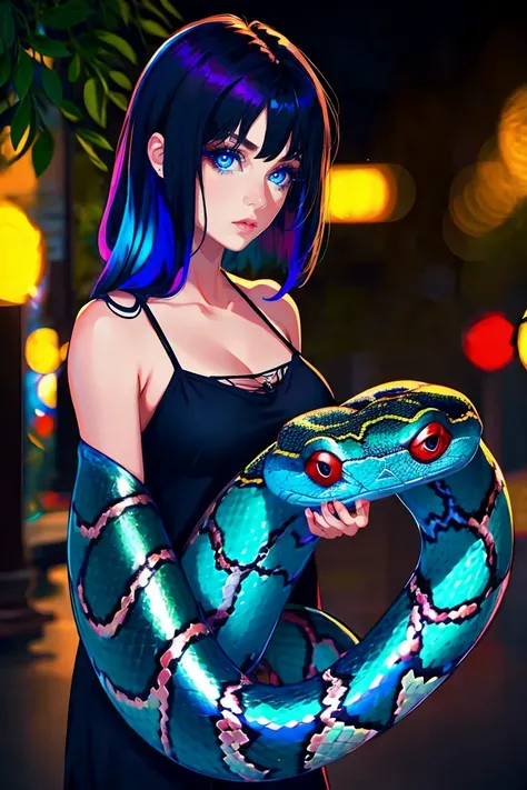 Photo of A beautiful girl, (snake iridescent), blue eyes, lips, topcinematic, (masterpiece, best quality:1.2), background, bokeh, Depth of field, 4k, whimsical 