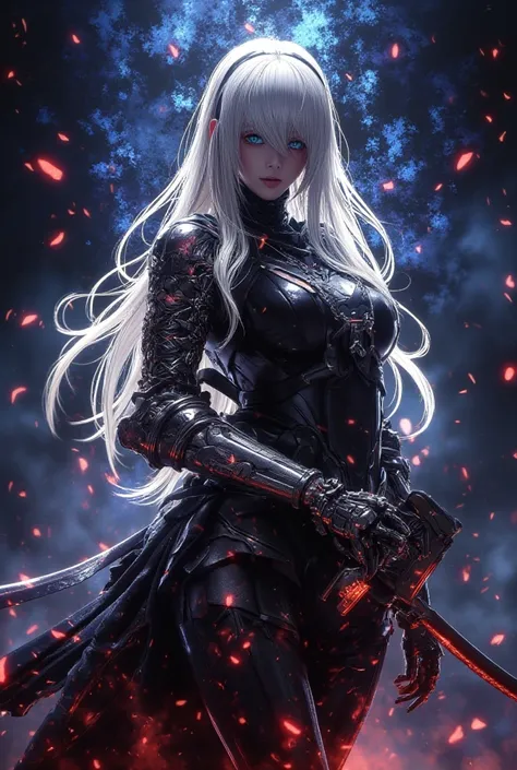 create an anime illustration of the character Jeanne D'Arc Alter from the game Fate Grand Order. create this illustration with a tense, terrifying atmosphere but also drawn very beautifully. with a magical aura and heroes that envelop the character Jeanne ...