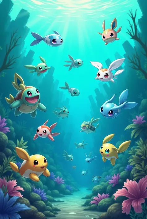 A lot of Pokémon are in a water background. This is absolutely beautiful with a lot of colors. 