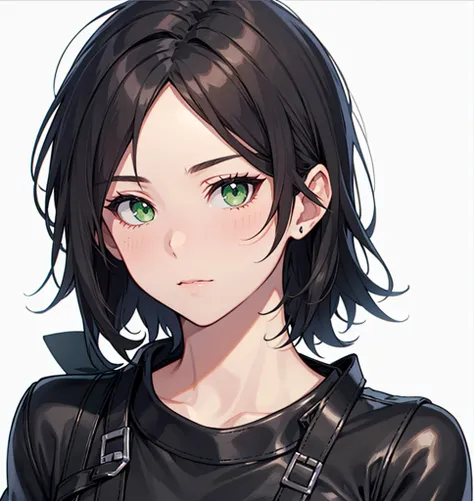 rpg portrait, front view, upper body, Black hair, Short hair, green eyes, female, Black Leather Round Tee