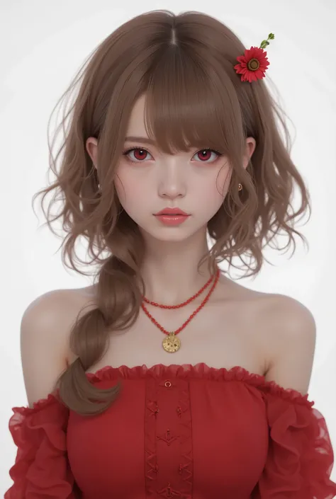 Beautiful Japanese woman 、、 She is wearing a red off-the-shoulder dress、Red eyeshadow 、 、 Semi-long hairstyle、wavy hair 、   Light Brown Hair、 ear piercing、  Empty Expressions 、 necklace、 white background、
