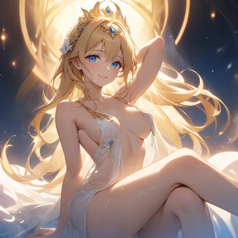 The image depicts a high resolution, high quality, HD scene featuring a beautiful female, elegant and confident, with long, flowing golden blonde hair adorned by a delicate beaded headpiece. She has bright blue eyes that radiate intelligence and charm, acc...