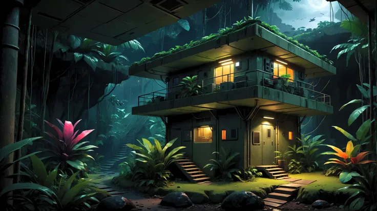 a realistic technological underground military outpost house in the middle of a dark night tropical jungle. inside of the outpost is visible.