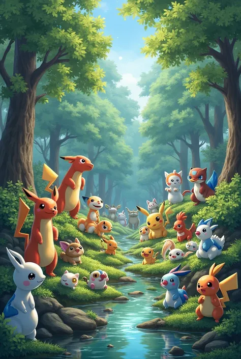 A lot of Pokémon are in a forest and water background. This is absolutely beautiful with a lot of colors. 