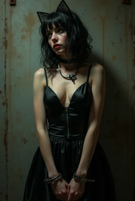 a girl in gothic bondage outfit, handcuffed, in a dark, kinky punk scene, wearing a maif style dress, submissive and perverted expression, depravation and humiliation, chiaroscuro lighting, gritty and grungy, highly detailed, photorealistic, profesional bo...