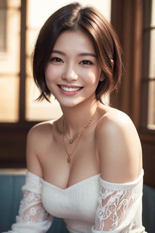 off-the-shoulder lace,A super beautiful and attractive Japanese beauty of her generation 、 short hair while on a business trip,(​masterpiece、 best quality:1.2)、You must wear an ultra-A high-resolution 、( Photorealistic:1.8)、 detailed skin、 cinematic lighti...