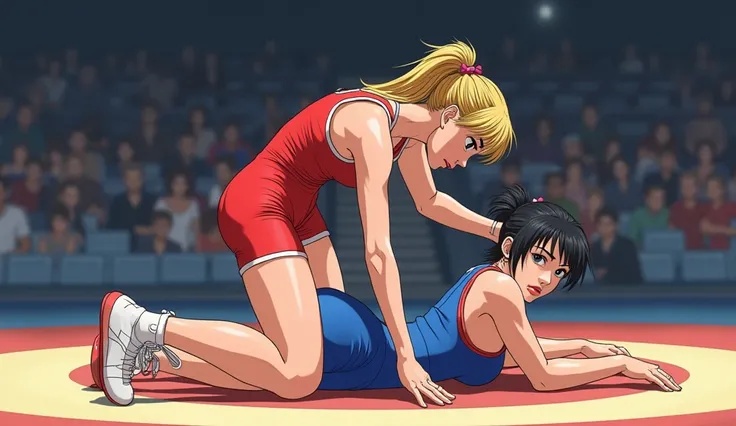 ultra detail, anime style. Match from the nineties. a female in a blue freestyle wrestling singlet is on all fours in the center of the mat, and a female in a red freestyle wrestling singlet is holding it from behind