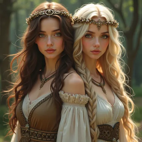 とても美しい二人の処女神のwhole body画像, Artemis with brown hair in a Greek costume ,  Freyja with blond braids in a Nordic costume , whole body,  looking at the camera 