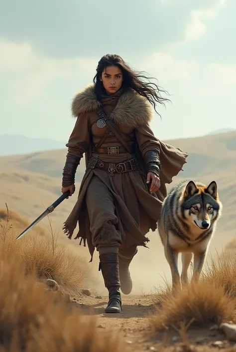  Let a warrior Turkish girl walking on a hill have a steppe wolf next to