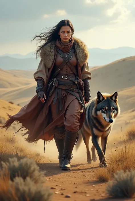  Let a warrior Turkish girl walking on a hill have a steppe wolf next to