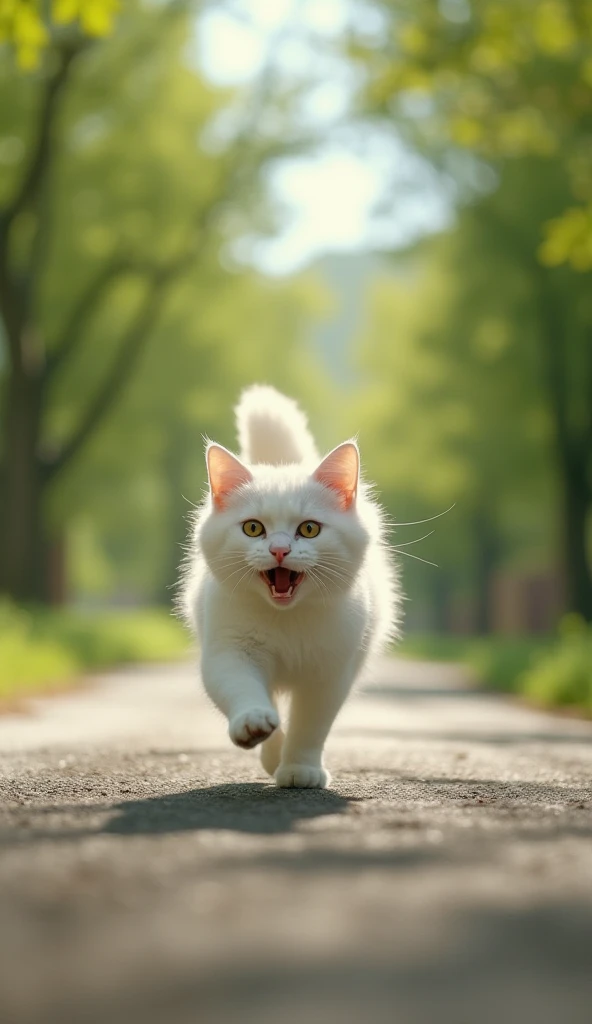 "A medium-sized cute white cat is running in a terrifying manner down a deserted road. The surroundings are filled with greenery, and the road is brightly lit, creating a clear, well-lit atmosphere. The trees sway slightly in the breeze. The cat’s expressi...