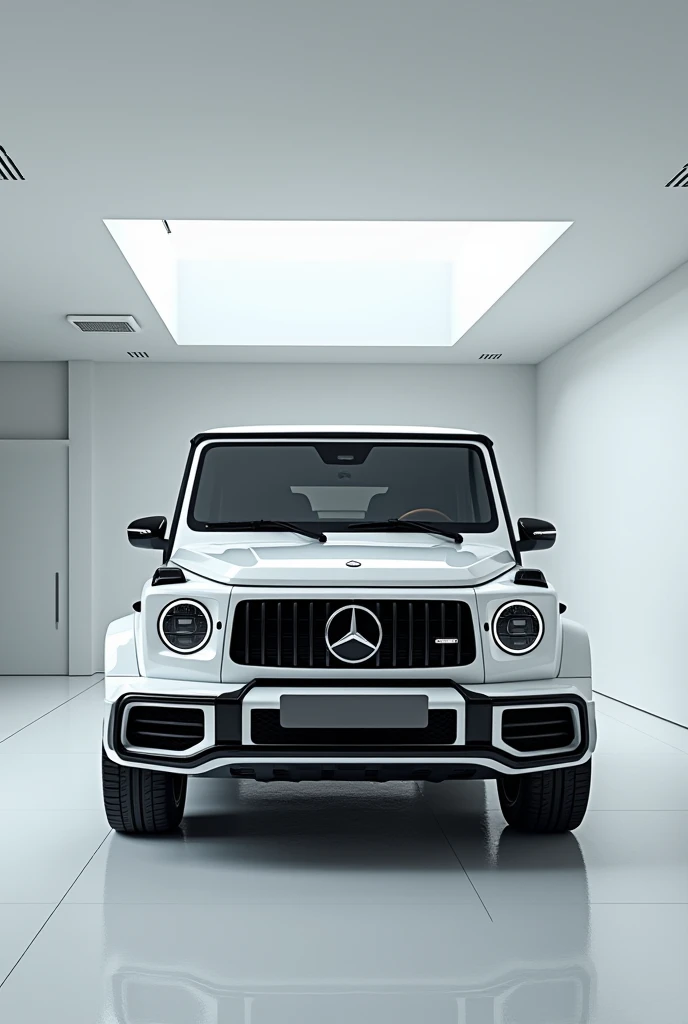 Back view of painted white with shiny colour new shape [ Mercedes Benz G-Class SUV 2025 ]  sleek in large shape sedan in large size with [ Mercedes Benz G-Class SUV 2025 ] logo on its large detailed grille in shiny white colour with angular sporty design c...