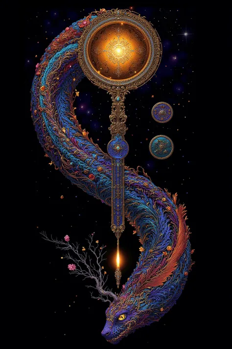 Un serpent multicolore luminescent autour d'un zodiaque, intricate details, glowing effects, cosmic fantasy style, vibrant contrasts, luminous textures, high-definition quality, natural light interplay, and celestial themes --ar 16:9.
