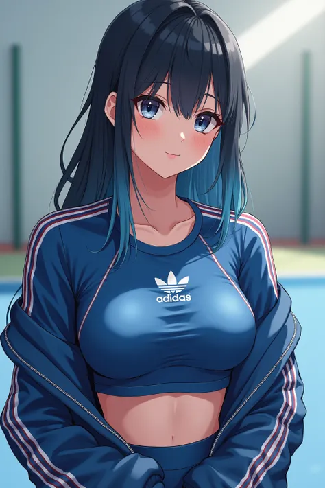   Adidas tight t-shirt with 3 stripes accentuating the chest、   you can see the adidas logo on the coat   。 breasts、  have cute butt piercings   。   The crop t-shirt shows the body line   、  Ultra blue metallic revealing swimsuit that emphasizes the shape ...