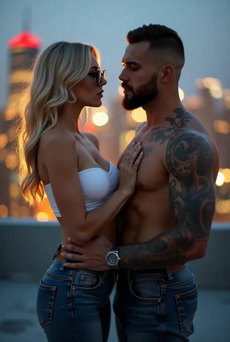 A beautiful blonde woman, hourglass figure and designer nerd spectacles, she has a hourglass figure,slim waist, plump ass and a belly piercing.She is wearing a white crop top and skinny denim jeans that hug her figure.She is looking up at a handsome man,he...