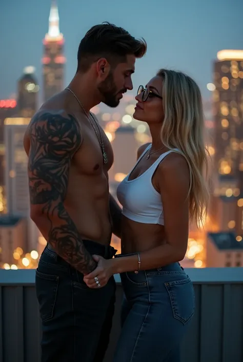 A beautiful blonde woman, hourglass figure and designer nerd spectacles, she has a hourglass figure,slim waist, plump ass and a belly piercing.She is wearing a white crop top and skinny denim jeans that hug her figure.She is looking up at a handsome man,he...