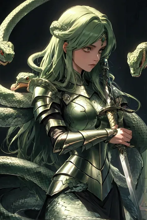 (masterpiece, best quality:1.2), a beautiful elegant woman/(sword woman,long hair,light green hair,snake scale armor),she has a thin rapier, dramatic light,shading and contrast