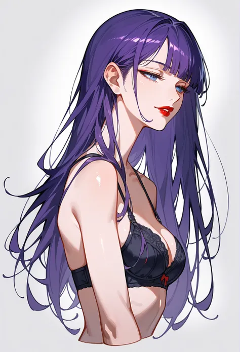 Artwork,,,,back view,adult female,single woman,alone,dark purple hair,long straight hair,long hair,short blunt bangs,dark blue eyes,half closed eyes,sly smile,full lips,red lipstick,expressionless,pale skin,medium breast,exposed body,wearing bra,shiny body...