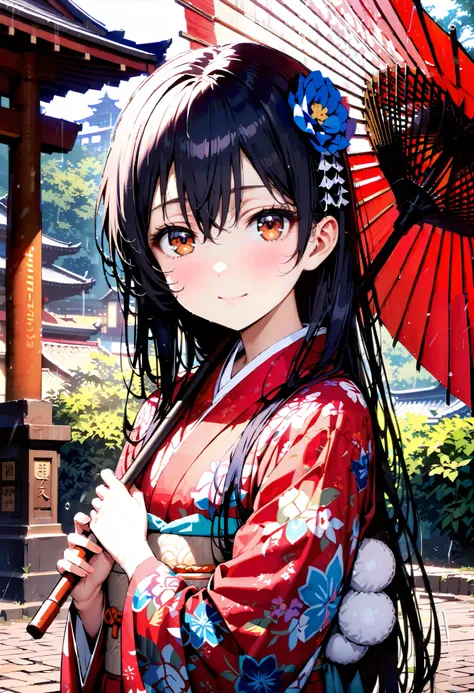 Alone,Sonoda Umi  ,  long hair, bangs,  's hair,  brown eyes,   blue hair ,smile,blush, close your mouth,Blue flower pattern furuncle , kimono,White Belt,Hair extensions, flower hair ornament white footbag ,Sandals, holding the grip of a Japanese umbrella ...