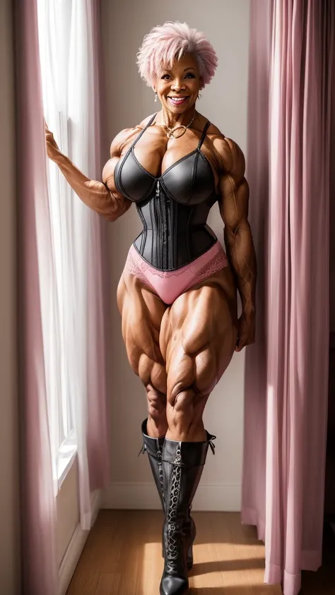 (60 year old:1.5), light skinned black woman, bodybuilder, big thighs, (pink corset:1.0), (pink thong panties:1.0), (gray short shaved hair:1.0), smiling, standing in the bedroom next to a window with curtains, thin heels boots, knee high boots, (((full bo...