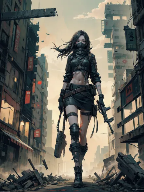 Masterpiece, Best quality, high resolution, rich details​, 8K, Extreme light and shadow, The image of a beautiful young girl in tactical gear, Hold the AK47 in both hands, Walk the desolate streets of a collapsed city, postapocalypse, Smoke and fog in the ...