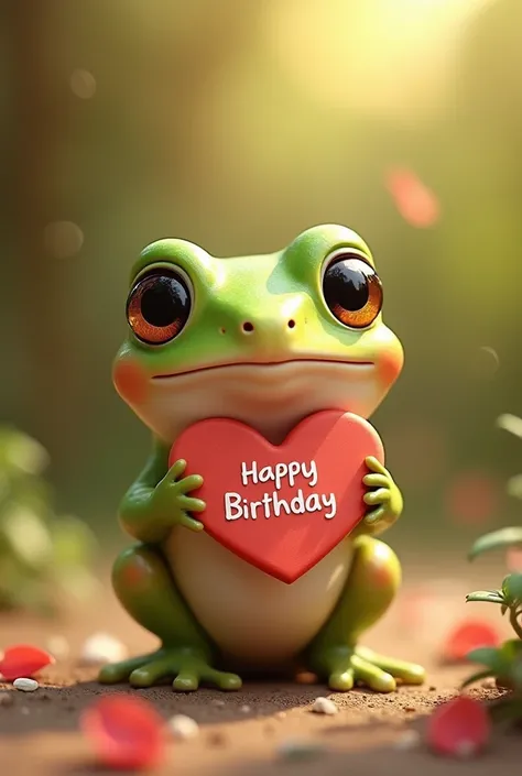 A little frog holding a heart written happy birthday