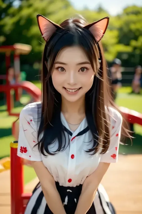 ((  Best Quality )), ((masterpiece)), ( Details ),   1girl  ,23 years old Japanese Girls，23 year old japanese girl wearing catgirl costume ，pow pose, Wearing catgirl outfits at the playground ， from the first-person perspective，Wear a pleated skirt， real p...