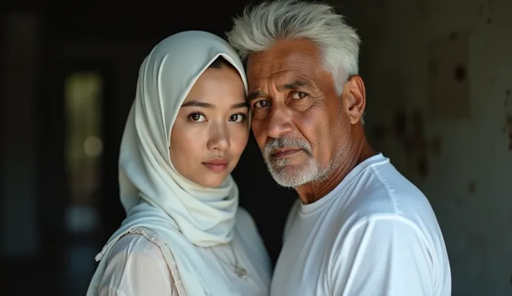 young Indonesian woman with a typical village face, wearing a neat white hijab, a little visible hair on her forehead, sexy clothes, big breasts, next to her is a 50 year old Indonesian man with white hair, wearing a white t-shirt, close up, they are facin...