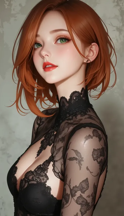  portrait of a beautiful teenager ,  big breasts,  Intricate Dress ,  soft smile ,  red lips,  ginger hair,  green eyes,  realism,   digital painting  ,  concept art , smooth,  sharp concentration, rule of thirds, Style Psycho