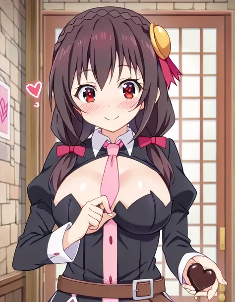  high definition, High Quality 、 
Yunyun、  black hair,  hair accessories ,  red eyes, ,  braided , crown  braided ,
 skirt ,  thighs,  Long Sleeve,  ties, belt,  Outfit Cutout,  Cleavage Cut Out , pink  ties,
smile、(blush)、(I'm offering chocolate in the sh...