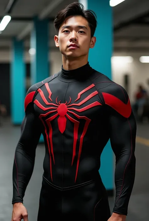 Handsome and seksi  Korean ager, ager, muda, pria , wearing Spiderman black costume while showing his sixpack  abs,  berotot , sixpack , muda,  tampilan depan , Idol Korea, panas ,  otot bisep ,  bisep dan trisep yang sangat terangsang , ppanas o realistis...