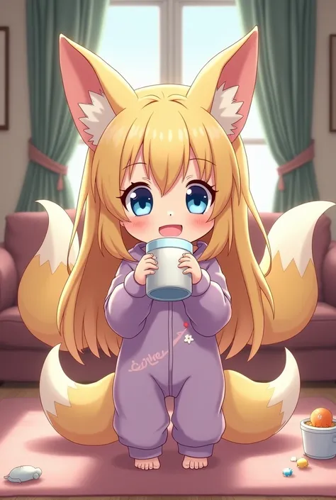 Anime Style, Anime, 1 girl two years old in a lilac onesie  hold up her sippy cup ask for milk in the livingroom,blone long hair  blue eyes , Kitsune/demon ,Kitsune tails and ears 