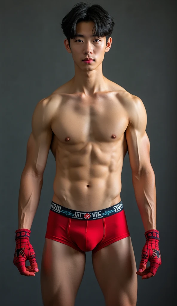 Handsome and sexy Korean tenageer, young, boy, shirtless, Spidermam underwear open on one side and showing his sixpack abs, muscular, sixpack, young, front view, Korean idol, biceps and triceps, Spiderman gloves, photo realistic, realistic, 8k, UHD, sexy, ...