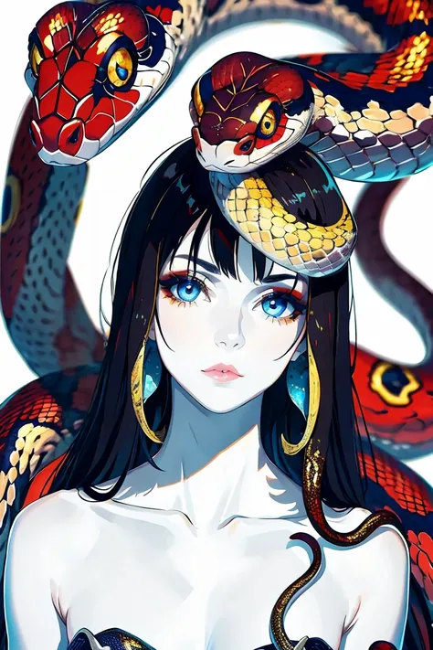 Photo of A beautiful girl, Dark hair.
Piercing eyes.
White skin.
Snake.
Enigmatic gaze.
Elegant posture.
Shimmering scales.
Deep silence.
Mysterious aura., (masterpiece, best quality:1.2), background, bokeh, Depth of field, 4k, whimsical 