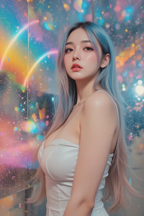 Top Quality, 8k, Masterpiece,  ((straight hair:1.8, a perfect center part, revealing her entire forehead:1.8, Iridescence color hair, White eyebrows, looking camera)), (((Shooting from low angle side:1.8, from Diagonal low-angle perspective:1.8))), ((gigan...