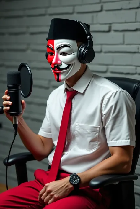 Anonymous masked man,Anonymous mask with a combination of half red and half white colors The top of the mask is red up to the nose and the bottom of the mask is white,White short sleeve shirt, red office tie,Red formal trousers,The typical elementary schoo...