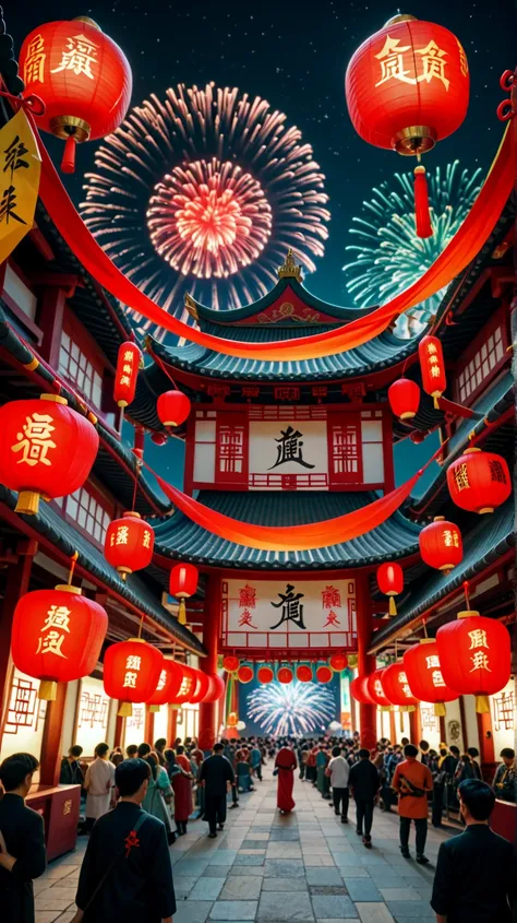 "A colossal, mythical serpent draped in shimmering gold and emerald scales, weaving gracefully through a grand celebration of the Chinese New Year. The scene glows under a canopy of red and gold fireworks bursting in the night sky, with hundreds of floatin...