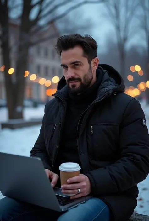 It's a winter evening, a 40-year-old handsome man wearing a black jacket with a short black bearded mustache is sitting on a bench holding a mug of coffee, a laptop in front of him on which he is working. 