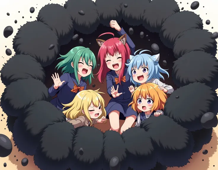 An anime-style illustration depicting many youkai-girls playfully wrestling with each other inside a black comical fight cloud.
each youkai-girl has different colored hair.
their faces,hands,and feet are visible emerging from the cloud as they tussle humor...