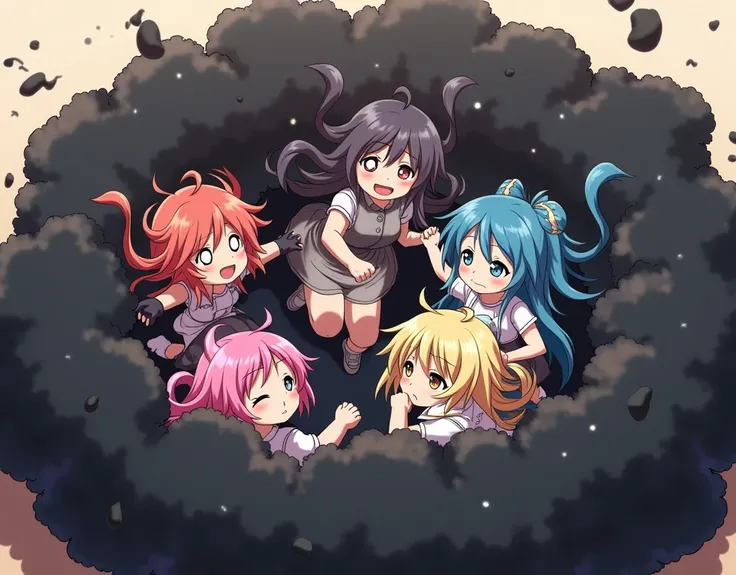 An anime-style illustration depicting many youkai-girls playfully wrestling with each other inside a black comical fight cloud.
each youkai-girl has different colored hair.
their faces,hands,and feet are visible emerging from the cloud as they tussle humor...