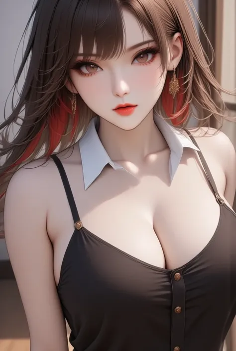 1girl, Shirt, sleeveless shirt, long black hair, messy hair, Red highlights, Big Breasts, Dim Lights, 