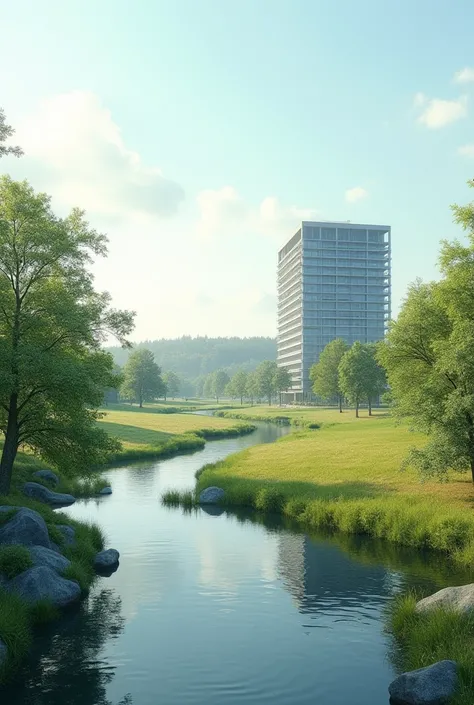 Very good,  create for me a landscape illustration in the Ruhr area based on the right building, Where the building is implemented and visible from outside. Please design the landscape as realistically as possible based on the Ruhr area 