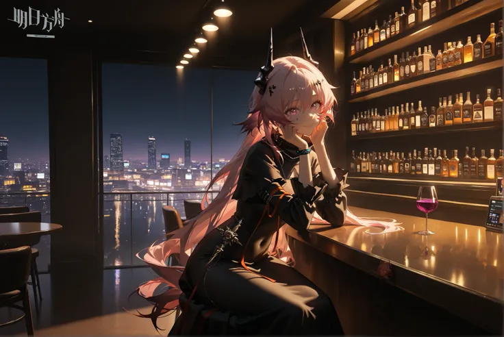 female,(((alone)))((Theresa)),((Theresa_\(arknights\))), Theresa_\(arknights\),  pink hair color 。Pink Eyes。longhair。Black horn 。  white and black dress,(Focus on face :1.5),smile,,Photorealistic Background,Bar counter, is sitting, best quality, amazing qu...